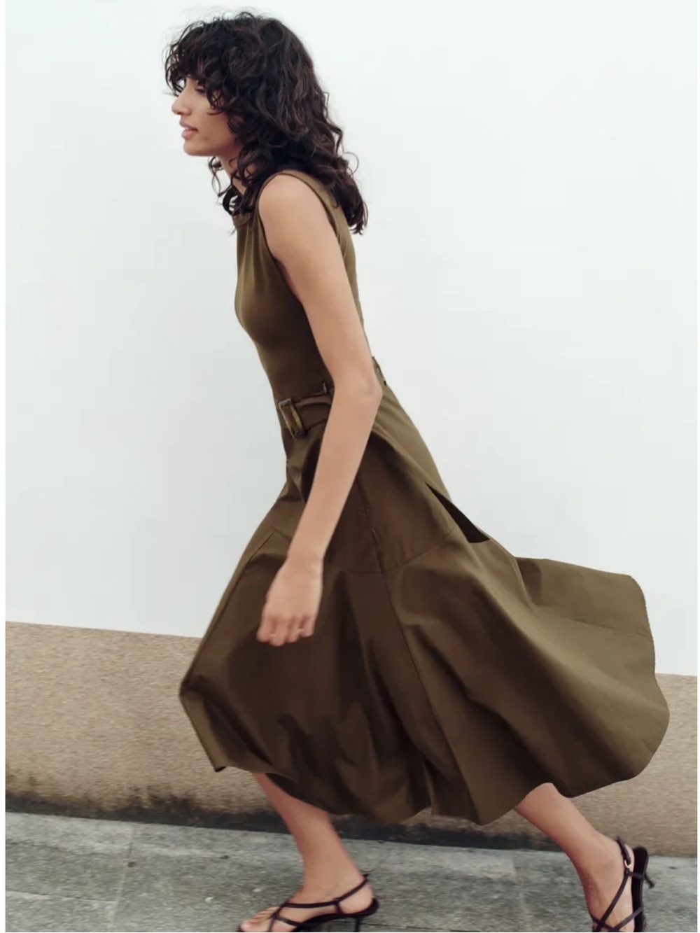 Zara Sleeveless Earthy Brown Flare Belted Cotton Crew Neck Midi Dress